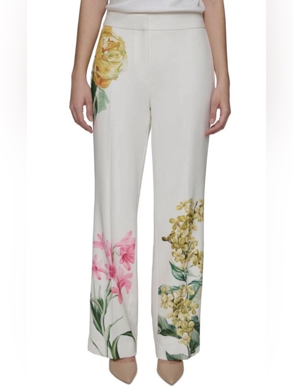 KARL LAGERFELD PARIS Mid-Rise Placed Floral Print Pants Off White Sz 12 NWT